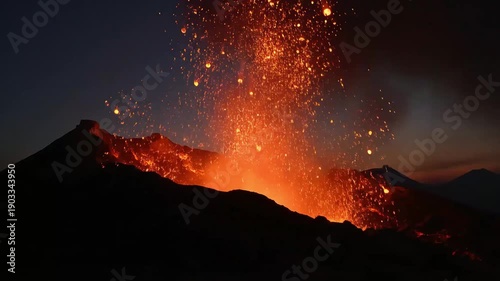 Volcanic eruption at night with lava and sparks flying through the dark sky