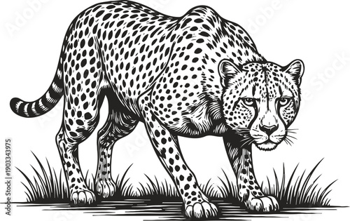 Cheetah prowling through grass, wild cat stalking prey in nature, fierce predator in hunting stance