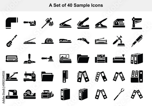 A set of forty black icons depicting various office supplies and craft tools, arranged neatly on a clean white background.