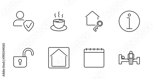 Daily life set icon. Verified user, tea, house key, info, padlock, home icon, calendar, gym.