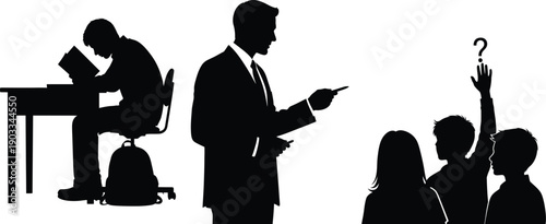 Silhouette of teacher and students in a classroom setting with a man reading