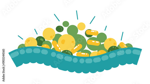 Conceptual graphic of a healthy digestive system with green and yellow rounded elements and blue waves.