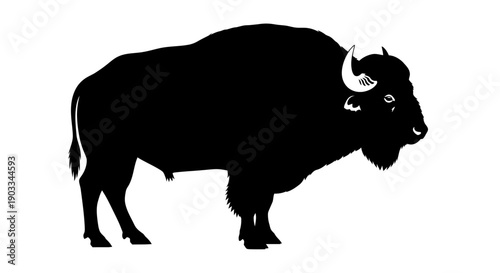 A majestic bison standing alone in a stark white environment, viewed from the side in a striking silhouette illustration
