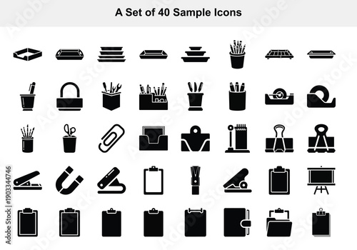 A collection of 40 simple black icons representing office supplies and tools on a clean white background, ideal for business and commercial applications.