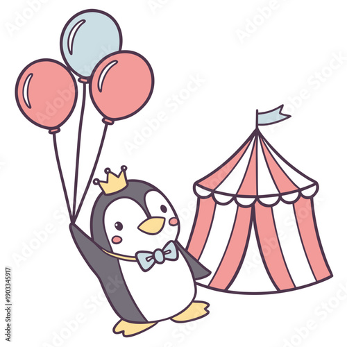 A Cheerful Penguin with with a tiny crown in a Circus Carnival theme – Big Top Brights palette SVG illustration