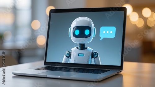 Robot on laptop screen in office