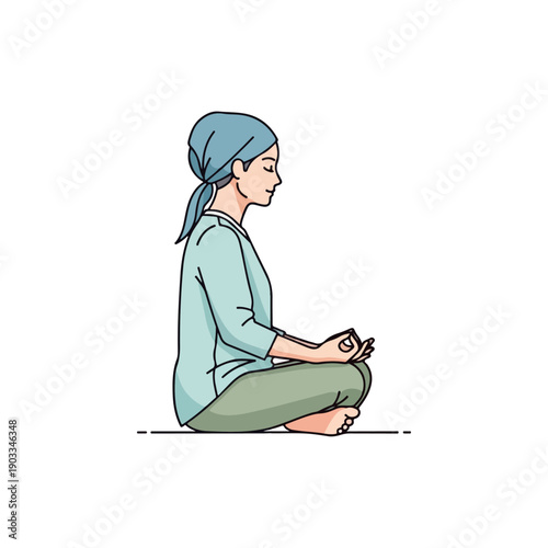 Woman wearing headscarf practicing meditation in lotus position