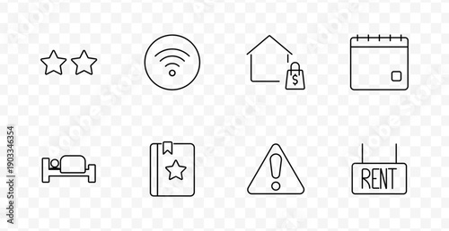 Hospitality set icon. Stars, wifi signal, house tag, calendar, bed, guidebook, alert sign, rent board drawn in outlined black strokes on transparent background.