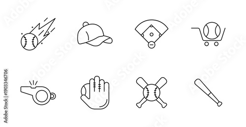 Baseball set icon. Ball, cap, whistle, field, bat, glove, player, cart, equipment, team, sport, game, match, strike, competition