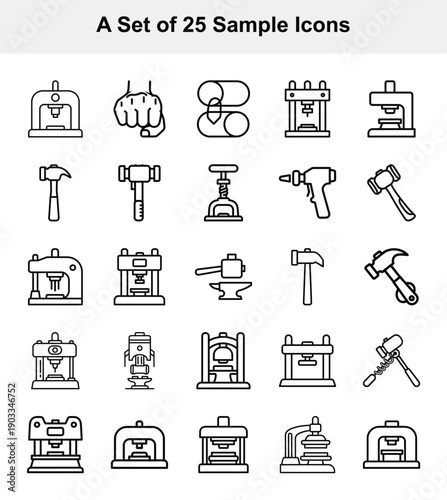 Collection of blacksmithing tools and equipment icons in simple line art style, perfect for industrial or crafting themes.
