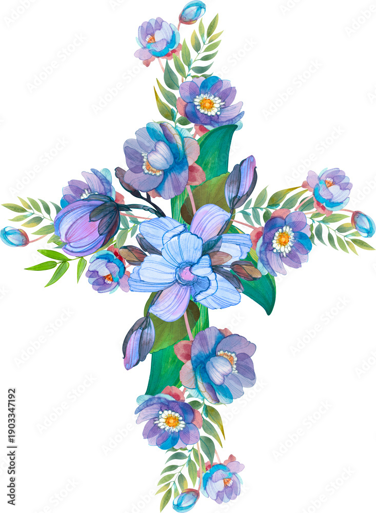 Fototapeta premium Cute watercolor angels with butterflies and bunnies in grass on transparent background. Kids art for Christian Easter greeting card.