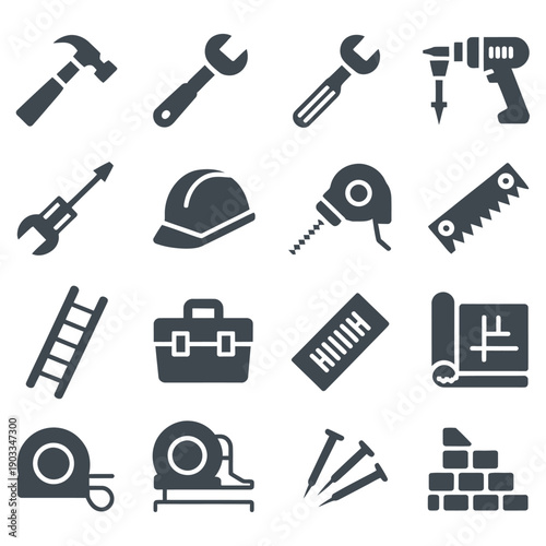 Construction and Hardware Tool Icon Set - Repair, Carpentry, and Engineering