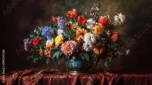 A lush bouquet of colorful flowers in a classic still life painting style.