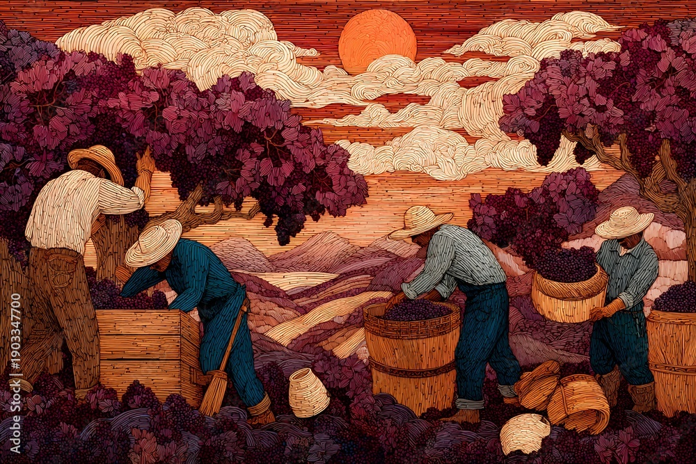 Fototapeta premium Vineyard workers pick juicy grape bunches from winding sunlit vines amid rustic crates and pots.