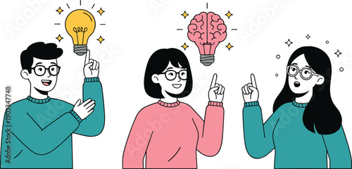 Creative people having ideas illustration featuring lightbulb and brain symbols for innovation, teamwork, and brainstorming concepts