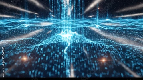 Blue digital particle waves with rising light