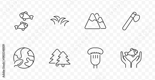 Environment set icon. Two fish, grass, mountains, axe, earth with leaf, pine trees, mushroom, fish in hands, all shown with nature-themed minimal outlines.