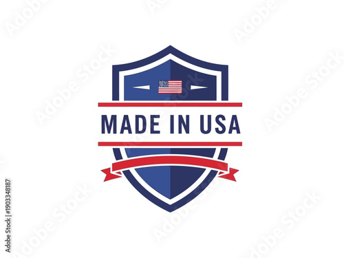 A shield emblem with a red ribbon and American flag symbolizing national pride and quality assurance