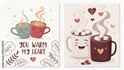 Valentine's day card collection with hot chocolate and coffee cups hearts steam and whimsical illustrations
