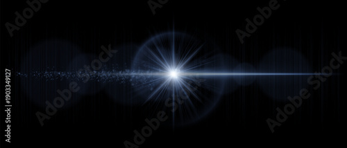 Optical lens flare with bright central light, soft reflections, and glowing dust particles. Perfect for overlays, sci-fi effects, and luminous digital visuals.