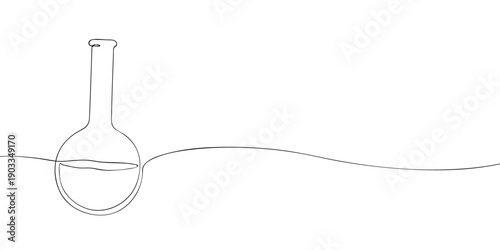 Minimal line illustration of a round bottom laboratory flask partially filled with liquid, commonly used in chemistry experiments, heating, and scientific research.