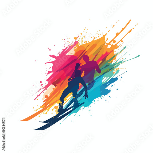 Vibrant couple skiing down mountain slope together