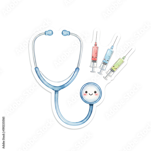 Cute watercolor medical featuring a friendly smiling blue stethoscope colorful syringes, perfect for pediatric healthcare and positive wellness concepts.