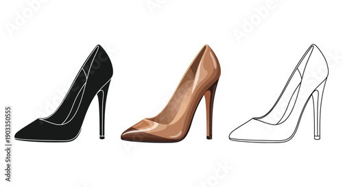 Set of three high-heel pump illustrations in black, brown color, and outline