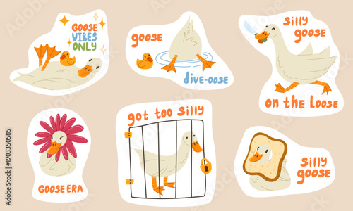 Silly goose on the loose cartoon sticker set with funny bird characters and playful phrases. Cute geese vector hand drawn illustration with meme quote for stickers, packaging, branding, postcards