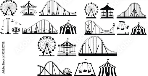 Amusement Park Silhouette Set with Roller Coasters Ferris Wheels and Carnival Circus Tents