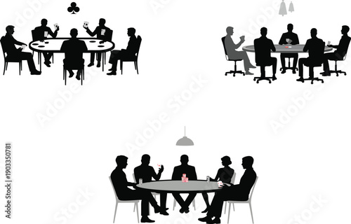 Poker Player Silhouette Set with People Seated at Card Tables for Casino and Gambling Concept Designs