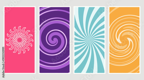 Set of four vertical panels featuring abstract spiral patterns in pink, purple, teal, and orange for bold modern decorative design.