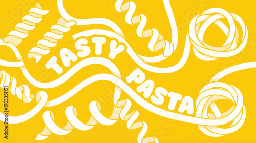 Bright yellow background featuring assorted uncooked pasta shapes, including fusilli and ribbon pasta, with a bold TASTY PASTA label for vibrant food styling.
