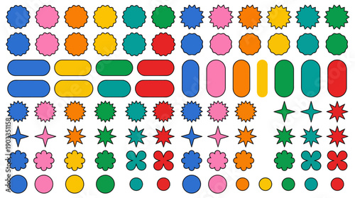Colorful capsules and pills in a flat vector illustration with starburst badges, ideal for medical, pharmaceutical, pharmacy, health and wellness design projects