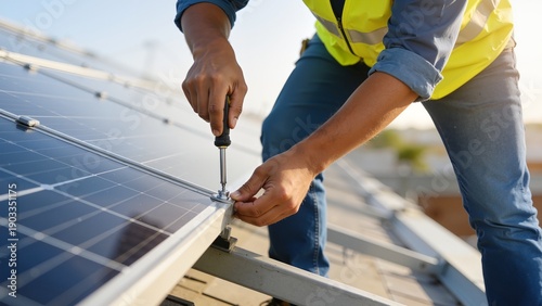 Worker installing solar panel on roof