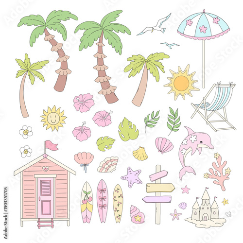 Cute Pastel Summer Beach Illustration Set with Palm Trees, Surfboards, Dolphin, Flowers and Tropical Elements in Hand Drawn Feminine Style