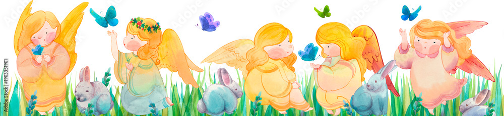 Fototapeta premium Cute watercolor angels with butterflies and bunnies in grass on transparent background. Kids art for Christian Easter greeting card.