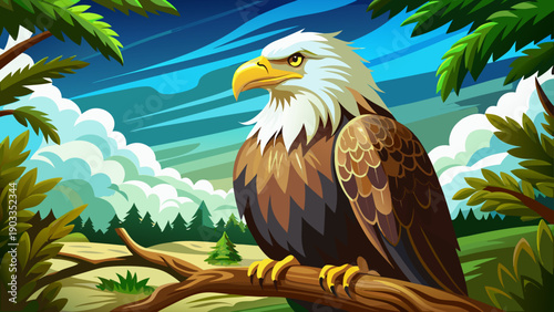 Very beautiful bald eagle perched confidently on a tree branch, symbolizing freedom, strength, and national pride, captured in crisp natural light with powerful presence.