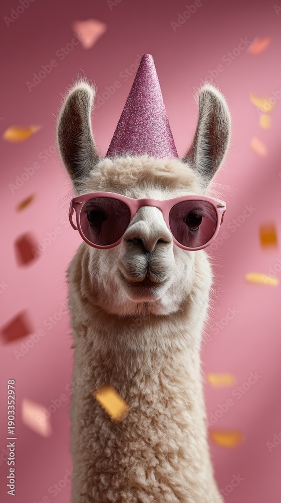Fototapeta premium Llama in pink glitter party hat and matching sunglasses, confetti falling around its cheerful face against a pink backdrop playful, festive portrait perfect for birthday or celebration themes