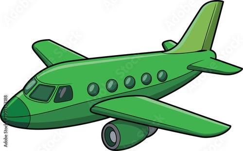 Green cartoon airplane illustration with modern passenger jet design, flat vector aircraft graphic, transportation concept, travel icon, isolated on white background