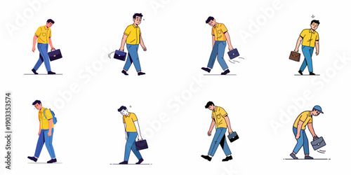 Eight illustrations depicting an exhausted employee or student walking slowly, showing signs of burnout, stress, sadness, and depression after long work hours.