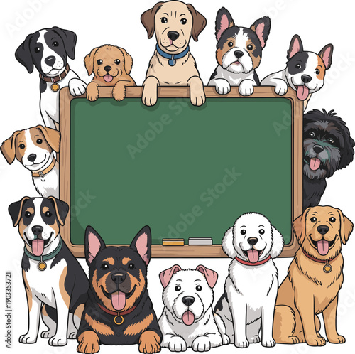 Cute cartoon dog illustration with happy dogs surrounding blank chalkboard sign, ideal for pet education, veterinary services, animal training, kids learning, and playful design projects