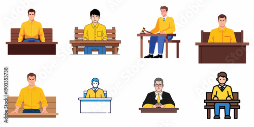 Vector illustrations set of diverse people involved in a legal trial, including angry defendants, witnesses, and a judge with a gavel, isolated on white.