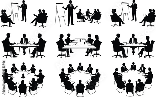 Black and white silhouettes of people in various business meeting and presentation scenarios