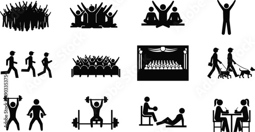 Black silhouettes of people engaging in various activities and sports white group