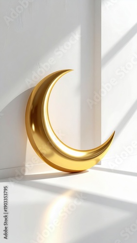 Golden Crescent Moon Decoration Leaning Against a White Wall with Soft Sunlight and Shadow Patterns