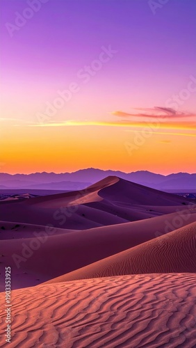 Vibrant desert dunes at sunset with purple and orange sky and distant mountains serene landscape lighting warm glow peaceful atmosphere