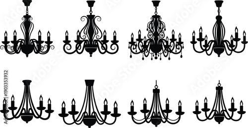 Eight black chandeliers with intricate and candle-like lights on white background intricate hanging