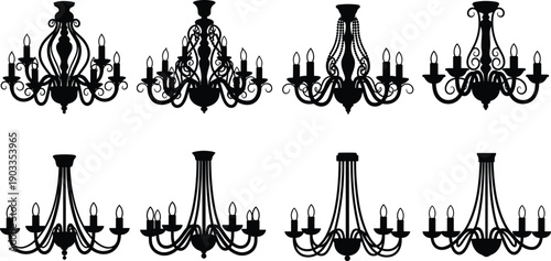 Eight ornate black chandeliers with multiple candle-like lights and intricate on a white background