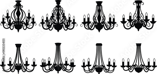 Eight ornate black chandeliers with multiple candle-like lights in various intricate